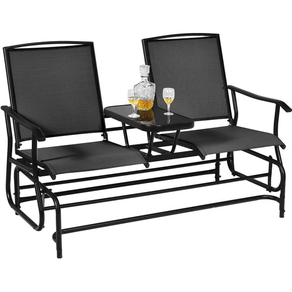 HZshop Outdoor Glider Bench with Table, 2-Person Patio Rocking Loveseat, Metal Frame, Tempered Glass, for Porch, Garden, Poolside, Black