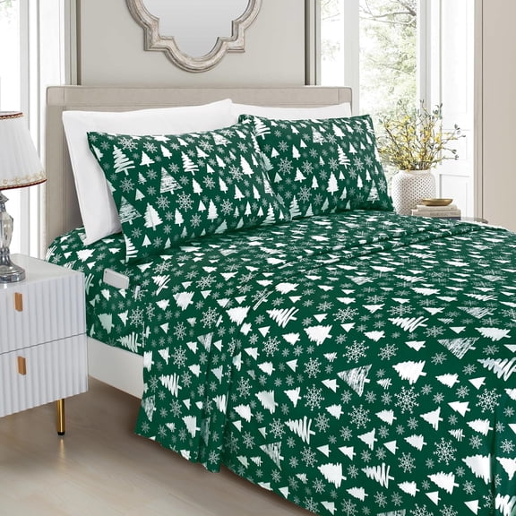 HZshop Queen 6-Piece Christmas Tree Hunter Green Bed Sheet Set - 1500TC Microfiber, Wrinkle & Fade Resistant