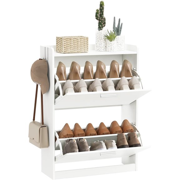 HZshop Slim Shoe Cabinet, 2 Flip Drawers & Adjustable Shelves, Freestanding Shoe Rack for Entryway, 23.6"W x 9.4"D x 33.1"H, White