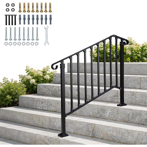 HZshop Wrought Iron Handrail for Outdoor Steps, Adjustable Stair Railing Kit, Fits 1-5 Steps, Matte Black for Concrete/Porch/Wood