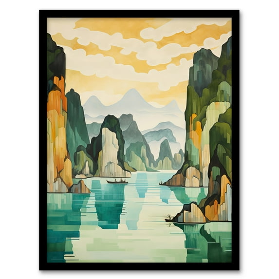 Ha Long Bay Watercolour Painting Vietnam Limestone Islands In Emerald Waters Pastel Colour Seascape Artwork Framed Wall Art Print A4