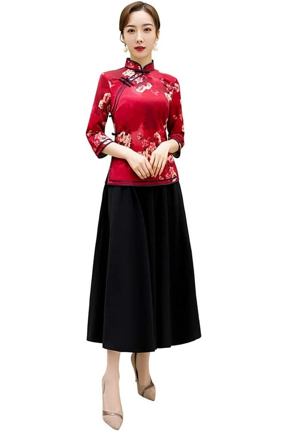 Faux Silk Cheongsam Top Qipao Shirt Chinese Blouse with Black Linen Skirt