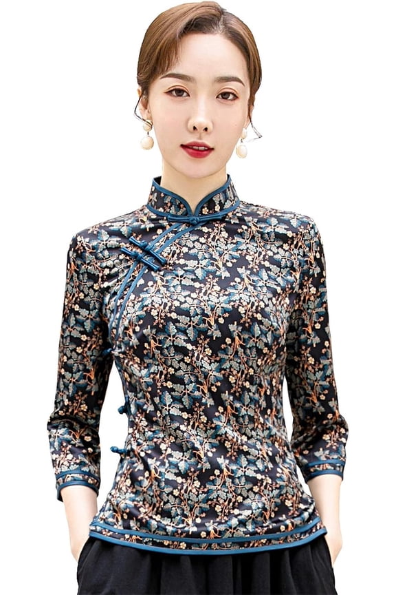 Faux Silk Cheongsam Top Qipao Shirt Chinese Blouse with Black Linen Skirt