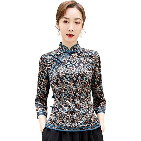 HaBrat Faux Silk Cheongsam Top Qipao Shirt Chinese Blouse with Black Linen Skirt