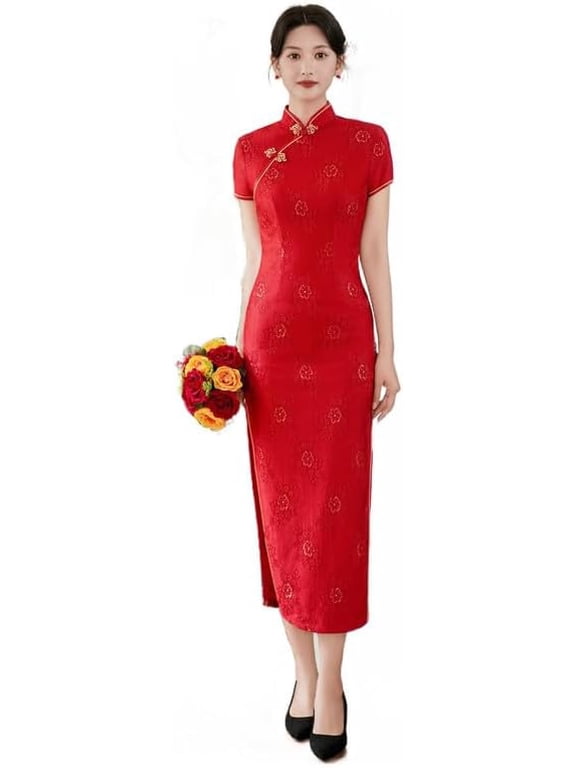 High Split Women's Long Cheongsam Dress Short Sleeve Mandarin Lace Chinese Qipao