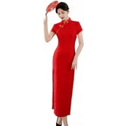 HaBrat High Split Womens Long Cheongsam Dress Short Sleeve Mandarin Lace Chinese Qipao