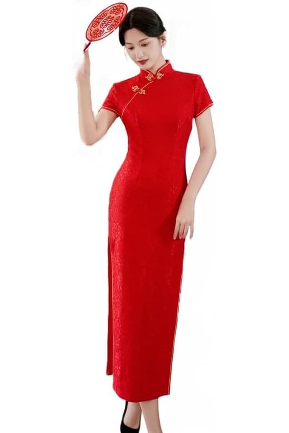 High Split Women's Long Cheongsam Dress Short Sleeve Mandarin Lace Chinese Qipao