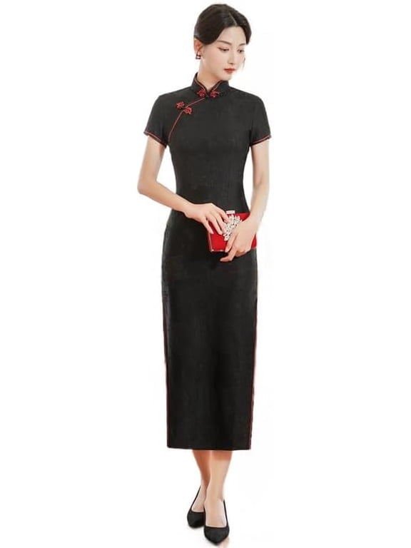 High Split Women's Long Cheongsam Dress Short Sleeve Mandarin Lace Chinese Qipao