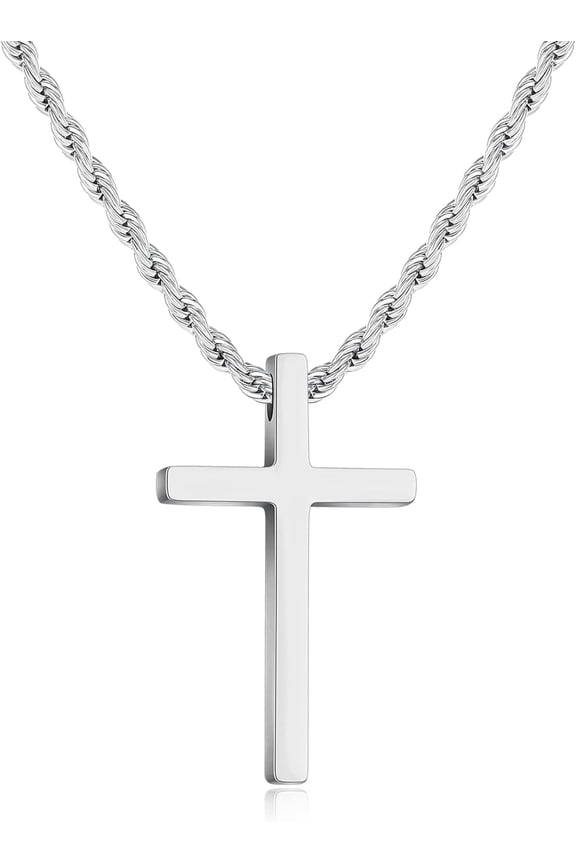 Rope Chain Cross Pendant Necklace, Silver Stainless Steel, 22"