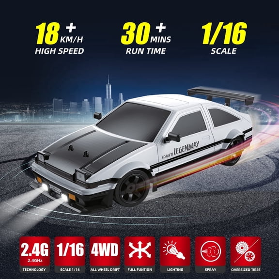 HaCpiu 1:16 AE86 RC Drift Car for Kids, 2.4GHz High Speed Toy Car with LED Lights, Rechargeable Remote Control Race Car with Extra Tires & Batteries, Cool JDM Sport Vehicle Gift for Boys