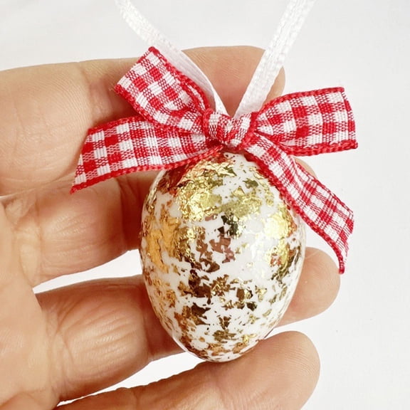 HaCpiu 10Pcs Easter Eggs Desktop Ornaments, 1.5" Shattered Gold Foil Easter Decorations with Red Gingham Bows, Home Decor for Easter Tree, Wall, Balcony, Window & Spring Decor