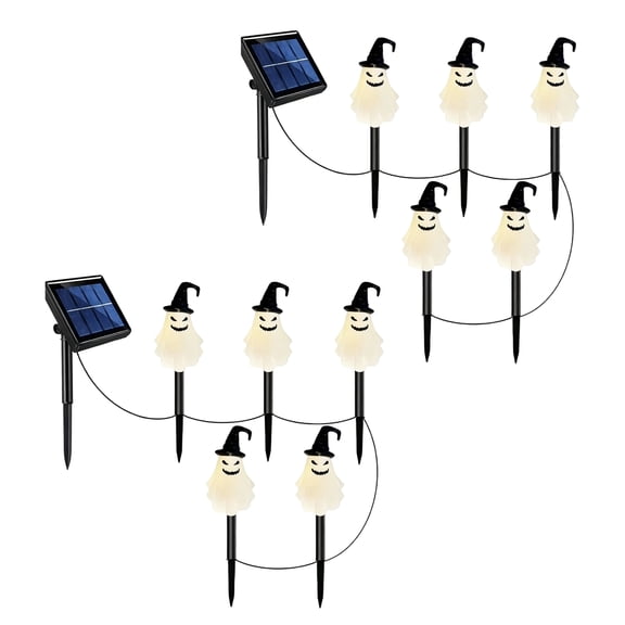 HaCpiu 15.7" Solar Halloween Pathway Stake Lights, 2-Pack Outdoor Ground Insert Pumpkin Ghost Landscape Strands, 10 LED Spooky Waterproof Yard Path Lamps for Garden Walkway