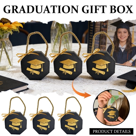 HaCpiu 2026 Graduation Cap Shaped Gift Boxes, Black Gold Graduation Treat Boxes with Rope Handle & Gold Bow, Graduation Gifts for Graduates Decorations & Party Supplies