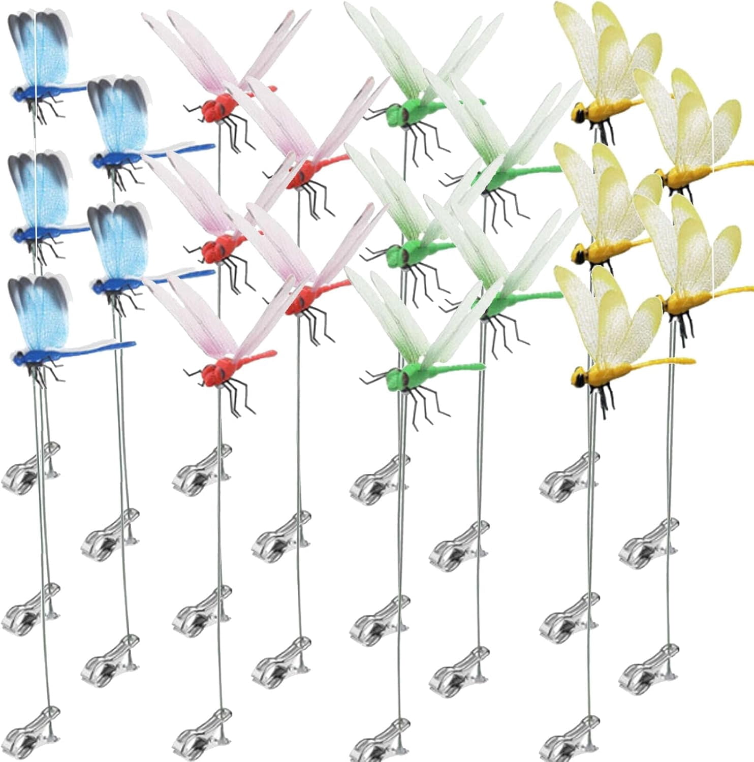 HaCpiu 20Pcs Dragon Fly Clips for Bugs Repellent, 12" 3D Dragonfly Garden Stakes Decor, Fake Insect Hat Clip Decoration for Patio, Backyard, Garden, Yard Ornament & Outdoor Lawn Decor