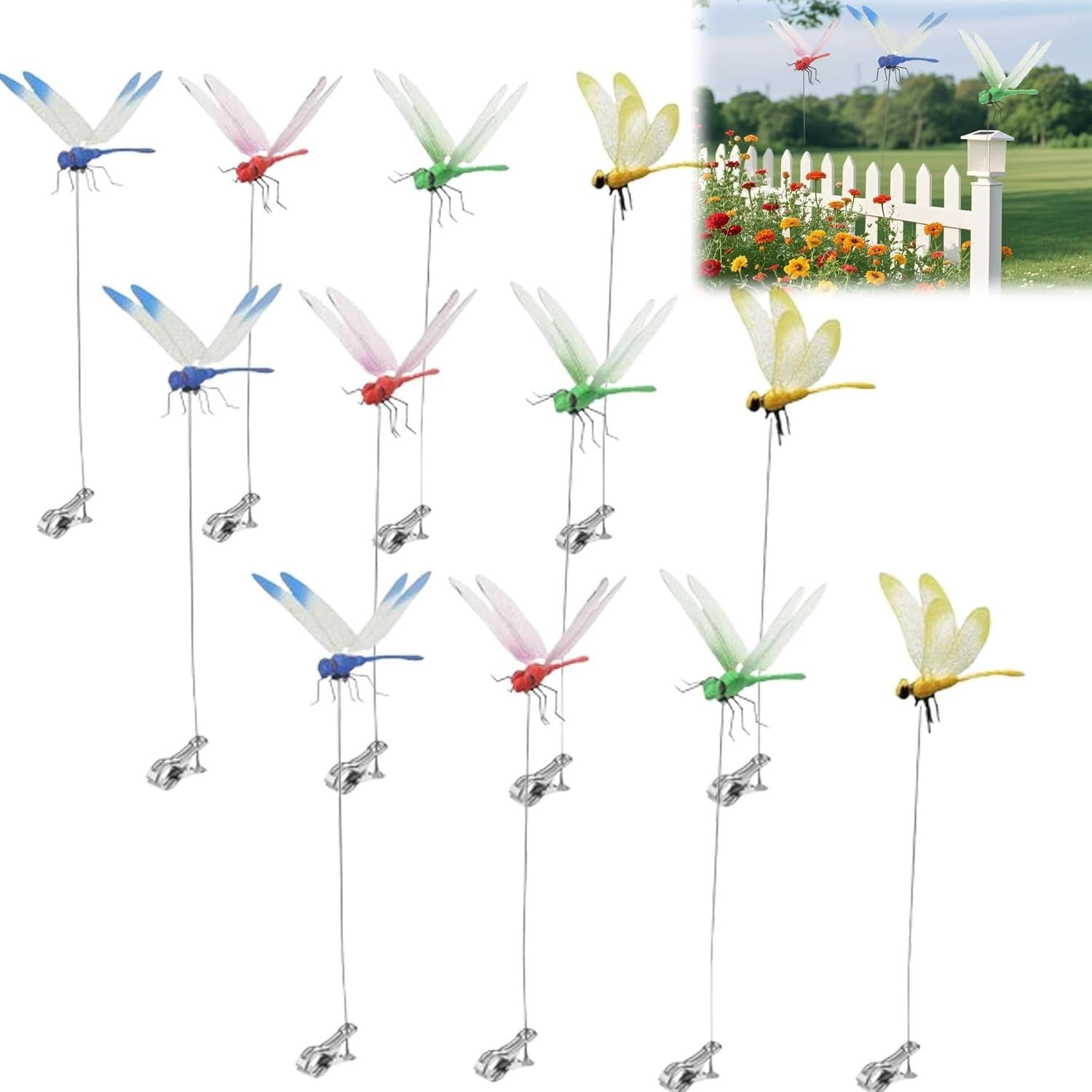 HaCpiu 20Pcs Dragon Fly Clips for Bugs Repellent Decor, 12" Fake Dragonfly Hat Clip, Reusable Pest Repeller, Clip on Dragonf for Indoor, Outdoor Patio, Lawn, Garden & Backyard
