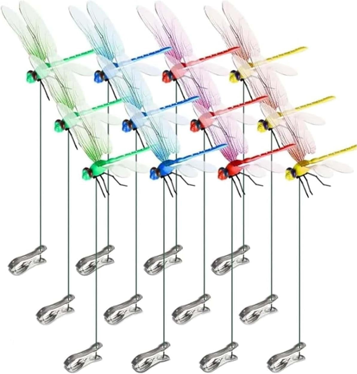HaCpiu 20Pcs Dragonfly Garden Decor Clip, 12" Fake Plastics Dragon Fly Clips for Bugs Repellent, Realistic Insect Decoration for Outdoor, Indoor, Patio, Lawn, Hat Clip Accessories & Yard Ornament