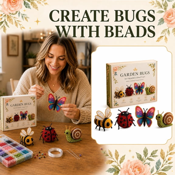 HaCpiu 3D Beaded Garden Bugs DIY Craft Kit, Full 18-Piece Miniature Insect Sculpture Set with Gift Box, Premium Art Needlework Kit for Adults Creative Home Desk Decor (Makes 4 Bugs)