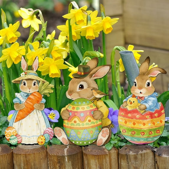 HaCpiu 3Pcs Easter Bunny Outdoor Decor, 10" Rabbit Garden Stakes with Eggs & Carrot, Vintage Rabbit Yard Art for Lawn, Patio, Garden & Spring Easter Celebrations