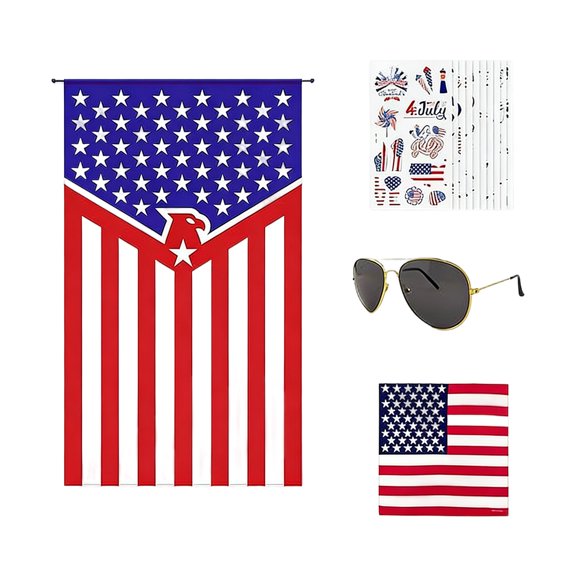 HaCpiu 4Pcs Independence Day Decor & Accessory Set, 4th of July Door Banner, Sunglasses & Temporary Tattoos, Patriotic Decor for Holiday Celebrations, Parades & Gatherings