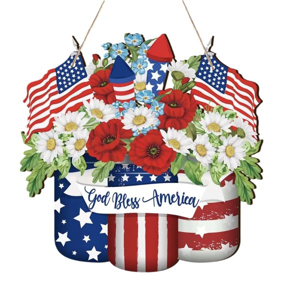 HaCpiu 4th of July Patriotic Floral Door Sign Decor, 11.8" Floral & Flag Design Hanging Decor, Festival Door Decoration for Memorial Day, Front Porch, Independence Day, Living Room & Entryway