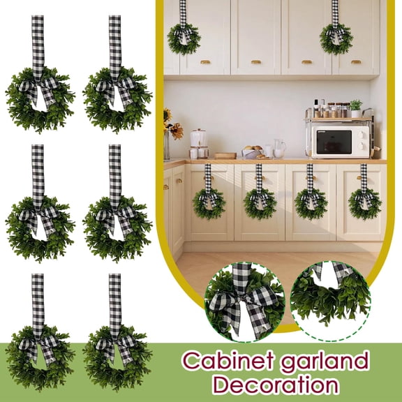 HaCpiu 6 Pcs Mini Spring Wreaths for Kitchen Cabinets, 9" Small Boxwood Wreaths, Hanging Ribbon Bow Greenery Wreaths for Festival Chairs Doors Railings