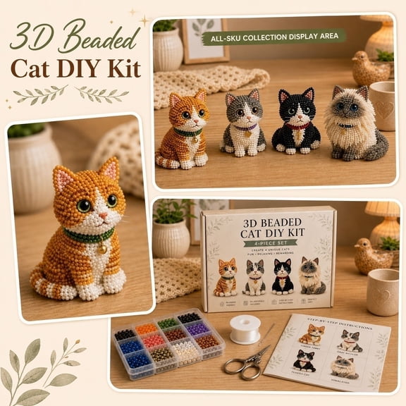 HaCpiu 8.66" 3D Beaded Cat Animals Craft DIY Kit - 4-Piece Miniature Tabby Ragdoll Kitten Figures Set, Handmade Premium Pearl Pixel Art Activity Pack