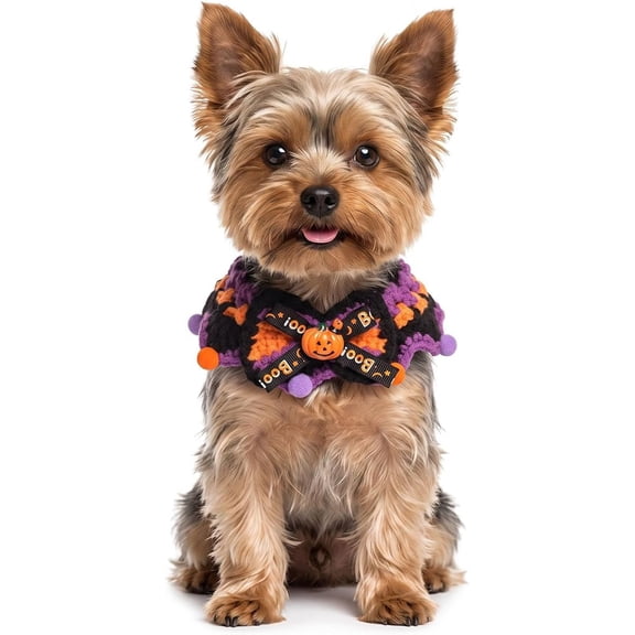 HaCpiu Adjustable Halloween Collar for Cats & Small Dogs, Woven Knitted Pumpkin Ghost Cat Neckwear, Festive Pet Costume Outfit Accessories