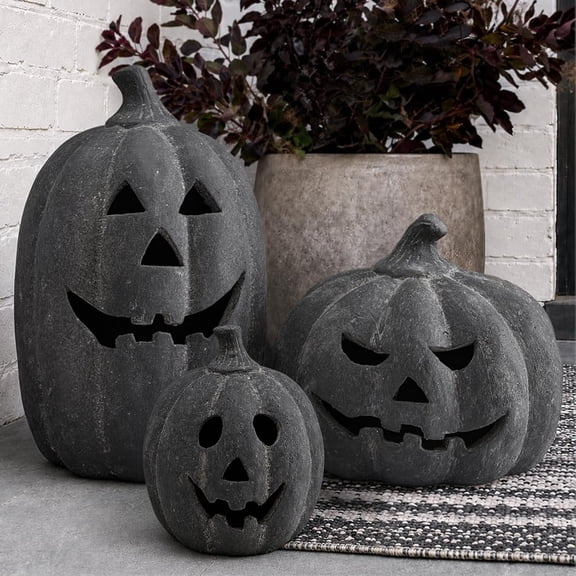 HaCpiu Black Terracotta Jack-O-Lantern Pumpkin Decoration, 5.9" Resin Handmade Clay Fall Home Accent, Vintage Farmhouse Outdoor Indoor Lawn Figurine, Fall Decoration Halloween Home Decoration