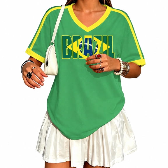 HaCpiu Brazil Women's Y2K Soccer Jersey, Vintage V Neck Short Sleeve Fan T-Shirt, Distressed Letter Print Match Day Football Supporter Activewear Top