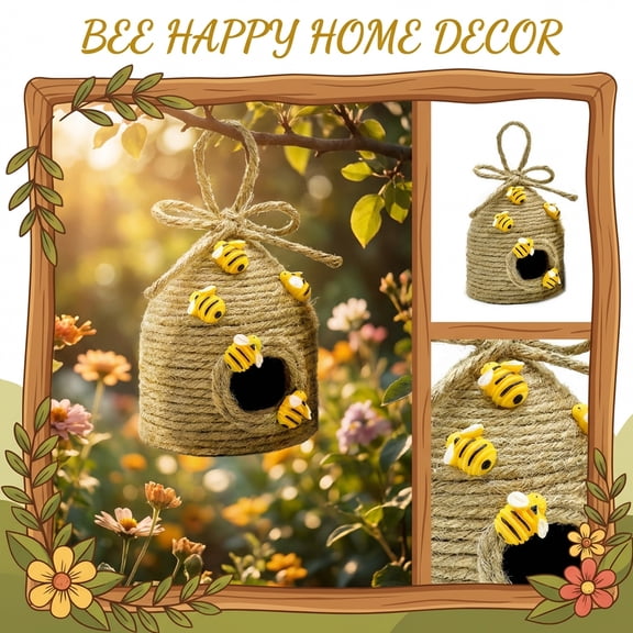HaCpiu Bumble Bee Hive Ornament Decor,5.9" Jute Rope Beehive with Mini Bees, Spring Summer Home Decor for Farmhouse, Tabletop & Wall Hanging