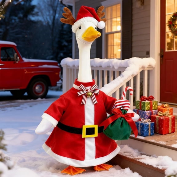HaCpiu Christmas Porch Goose Outfit - 4-Piece Deluxe Santa Suit with Reindeer Antler Hat, Candy Cane, and Mini Gift Bag - Festive Holiday Display Clothes for 23-25 Inch Large Yard Geese