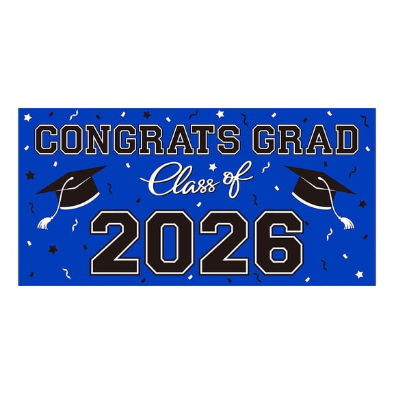 HaCpiu Class of 2026 Congrats Grad Banner, 5.96Ft Blue Graduation Backdrop Banner with Grad Cap & Confetti Design, Graduation Party Decor for Photo Booth, Yard, Porch & Event Venue