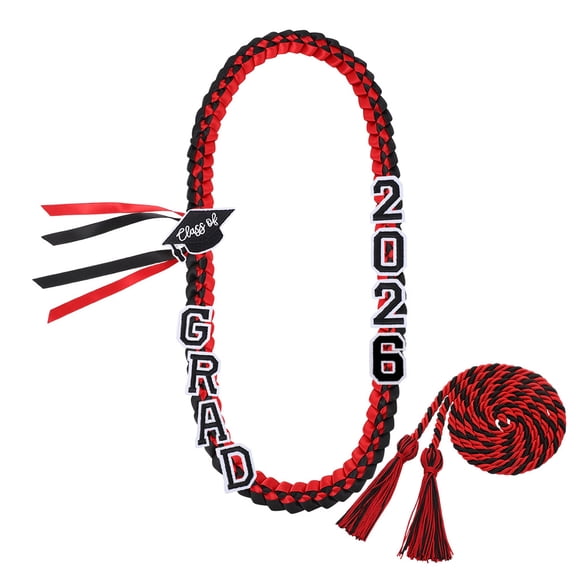 HaCpiu Class of 2026 Graduation Lei, 47" Red & Black Two Tone Braided Ribbon with Honor Cord, Graduation Leis for High School, College Graduates, Party Favors & Congratulatory Gifts