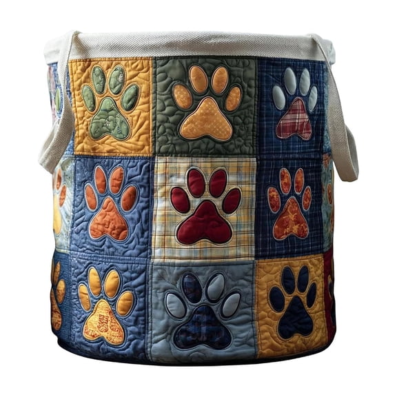 HaCpiu Classic Patchwork Paws Quilted Laundry Hamper, 28" Collapsible Fabric Storage Basket with Handles, Versatile Organizer for Laundry, Bedroom, Toys, Blankets & Home Decor