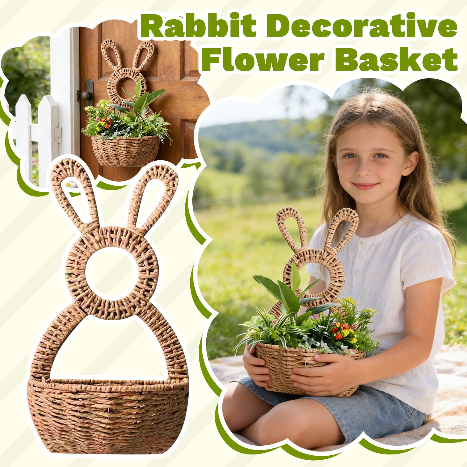 HaCpiu Easter Bunny Shaped Woven Basket, 15.7" Handwoven Rattan Rabbit Hanging Storage Basket, Easter Decor for Wall, Planter, Spring Celebrations & Home Decor