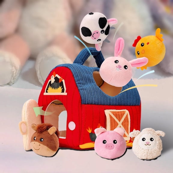 HaCpiu Farm Animal Baby Sensory Toys, 7Pcs Interactive Barn House Squishy Toys, Plush Toddler Toy for 1-3 Year Old Girl Boy, Season Gift & Baby Basket Stuffers