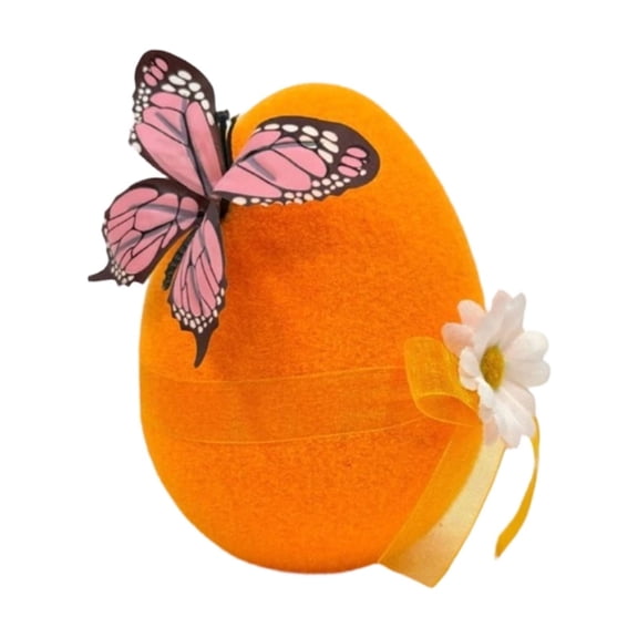HaCpiu Flocked Easter Egg Figurine, 6" Orange Table Centerpiece Decorative Egg with Pink Butterfly, White Daisy & Sheer Ribbon, Easter Decor for Tabletop, Mantel, Basket & Spring Party