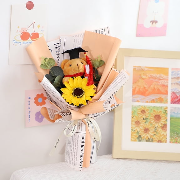 HaCpiu Graduation Gifts Sunflower Flowers Fresh Bouquet, Handmade Knitted Flower with Grad Plush Toy, Perfect Gift for Graduates Ceremonies, Mother's Day & Teacher Appreciation Present