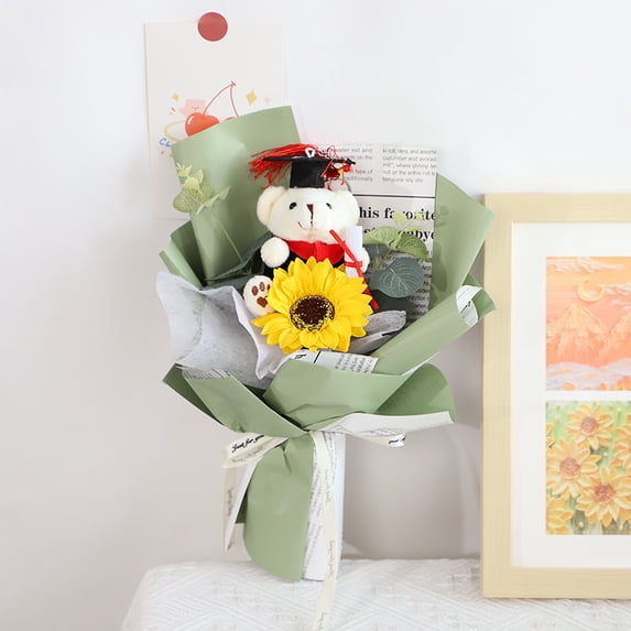 HaCpiu Graduation Gifts Sunflower Flowers Fresh Bouquet, Handmade Knitted Flower with Grad Plush Toy, Perfect Gift for Graduates Ceremonies, Mother's Day & Teacher Appreciation Present