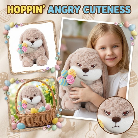 HaCpiu Grumpy Easter Bunny Plush, 12" Moody Rabbit Stuffed Animal Holding Easter Egg Bouquet, Soft Cuddly Spring Decor, Unique Relatable Easter Basket Filler and Gift for All Ages