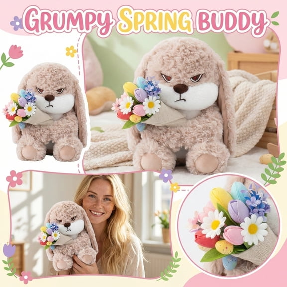 HaCpiu Grumpy Easter Bunny Stuffed Animal, 11.81" Moody Rabbit Plush Holding Tulip & Daisy Bouquet, Soft Spring Decor Accent, Unique Easter Basket Filler & Relatable Gift for All Ages