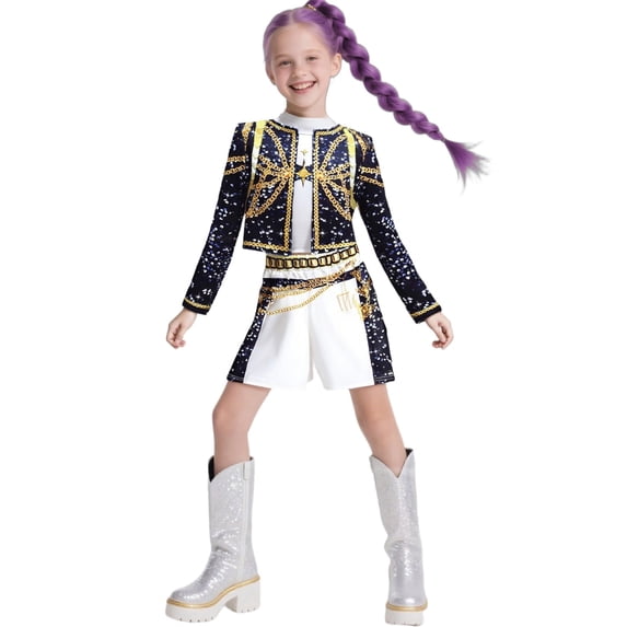 HaCpiu Halloween Anime Cosplay Costume, 3-Piece Halloween Cosplay Outfits Stage Performance Set, Halloween Costume with Sparkly Jacket, Inner Top & Shorts