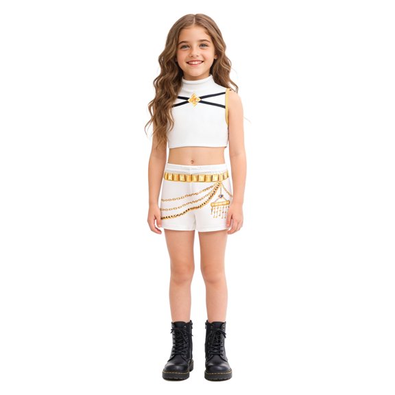 HaCpiu Halloween Cosplay Costume Set, Graphic Mock Neck Top and Shorts 2-Piece Performance Outfit for Dress Up Party, White 140