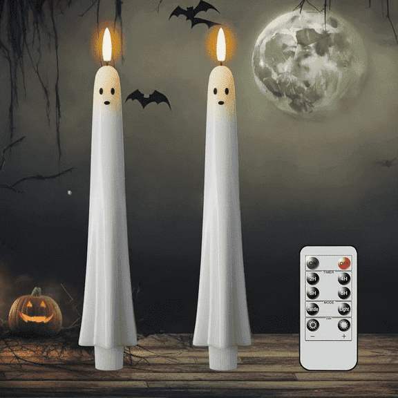 HaCpiu Halloween Ghost Flameless Taper Candles 2-Pack, White Real Wax LED Window Candles with Flickering 3D Wick and Remote Control Timer