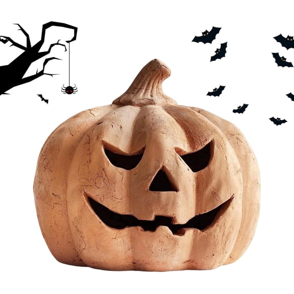 HaCpiu Handmade Pumpkin Jack-O-Lantern, Rustic Resin Halloween Fall Tabletop Sculpture, Spooky Autumn Farmhouse Front Porch Mantel Decor
