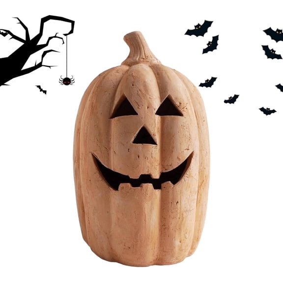 HaCpiu Handmade Pumpkin Jack-O-Lantern, Rustic Resin Halloween Fall Tabletop Sculpture, Spooky Autumn Farmhouse Front Porch Mantel Decor