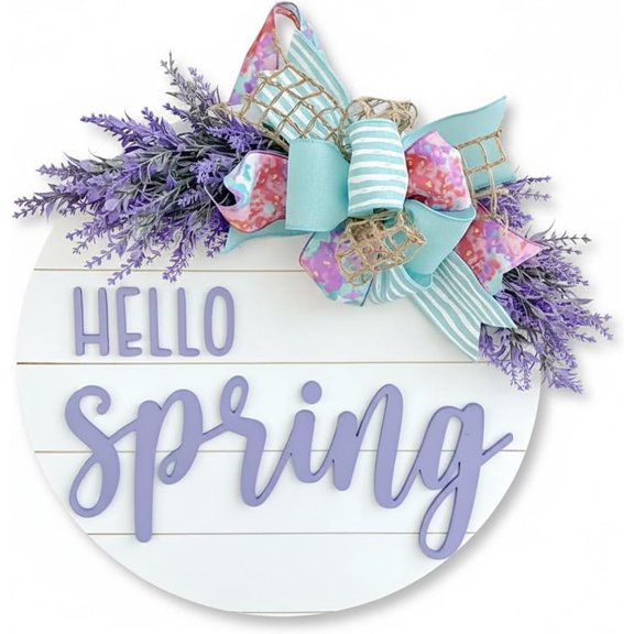 HaCpiu Hello Spring Wreaths, Wooden Door Sign for Front Door with Colorful Bow, Rustic Spring Door Decorations for Holiday Farmhouse Home Office Shop Window
