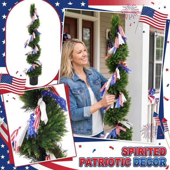 HaCpiu Independence Day Spiral Artificial Topiary Tree, 4th of July Decorations with Red White Blue Ribbons, 250th Anniversary Celebration for Porch, Patriotic Party & Home Entryway