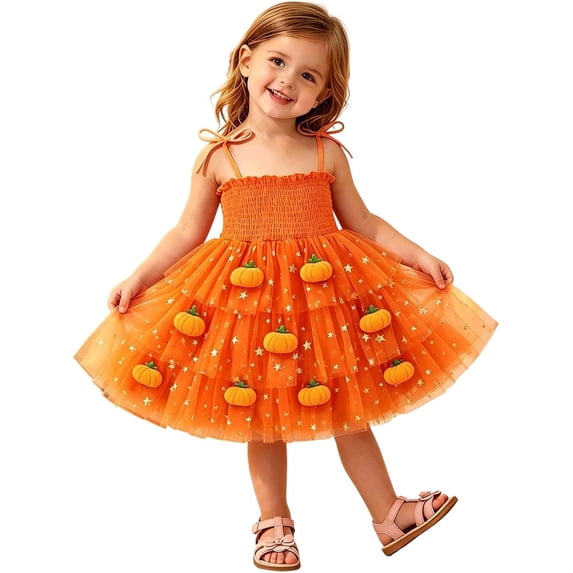 HaCpiu Little One Halloween Orange Dress Cute 3D Plush Pumpkin Smocked Elastic Bodice Tie Shoulder Layered Mesh Tutu Dress