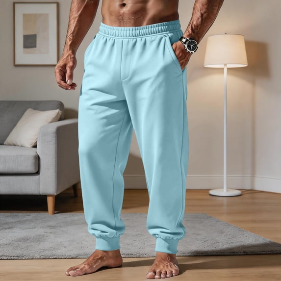 HaCpiu Men's Loose Fit Jogger Pants, Solid Elastic Waist Sweatpants with Pockets, Casual Soft Fleece Track Cuff Gym Trousers, Light Blue XL